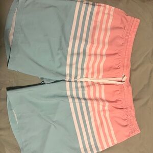 Chubbies Coral and White Striped Swim Shorts